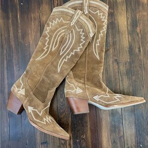 Free People- Matisse Tan Suede Western Heeled Boots with Contrast Stitching
